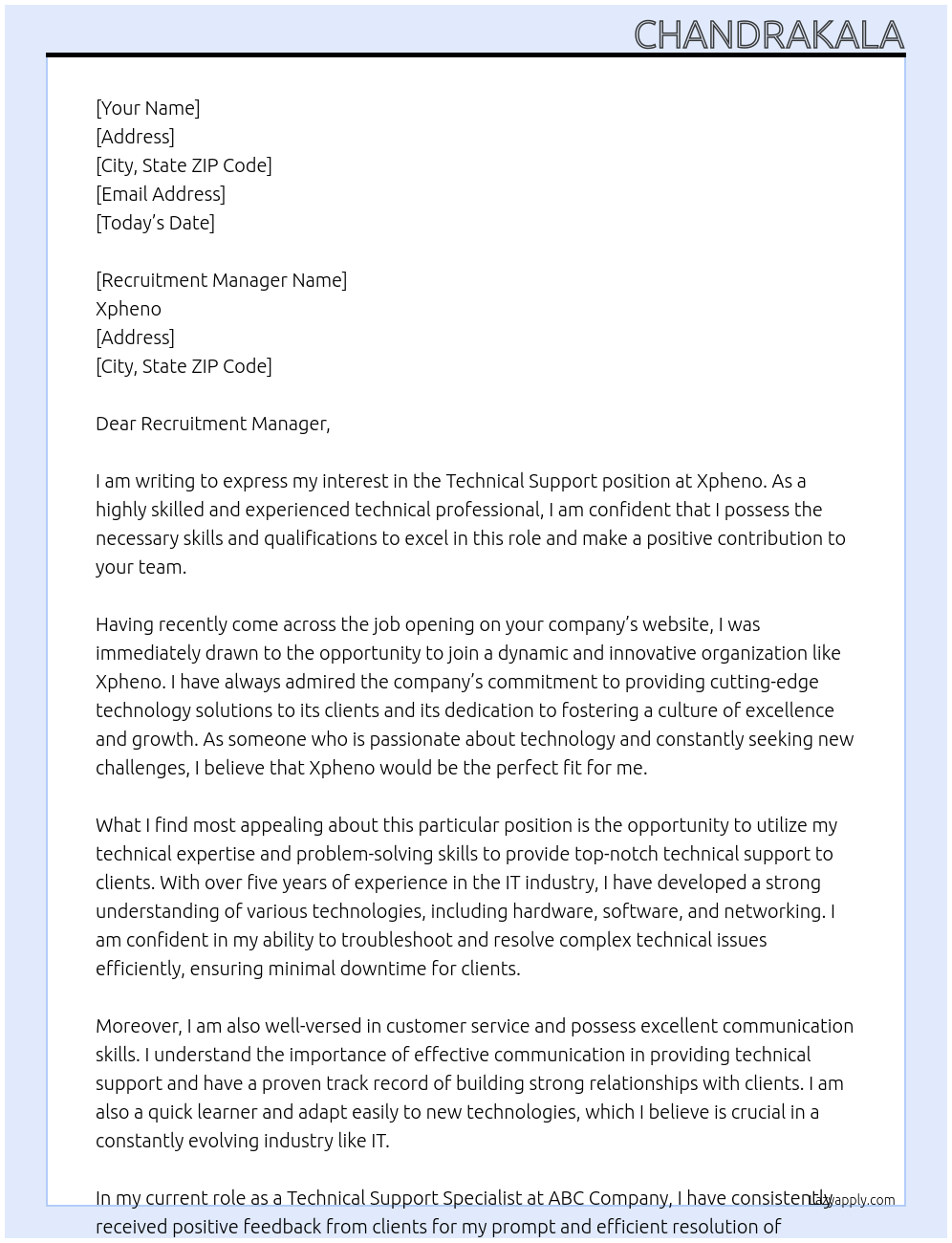 Technical support At Xpheno Cover Letter