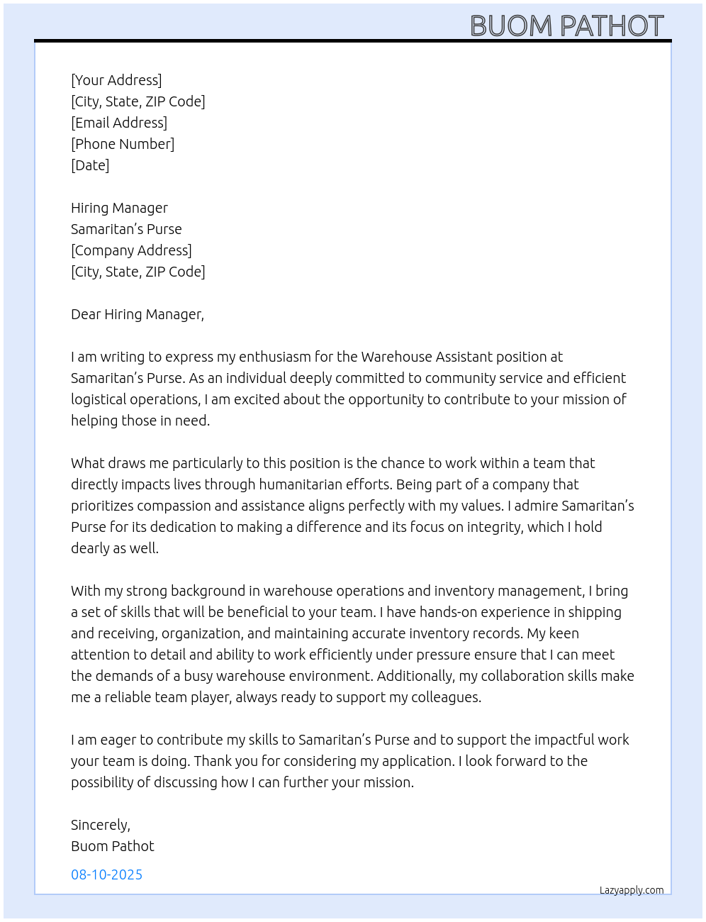 Warehouse assistant  At Samaritan’s purse  Cover Letter