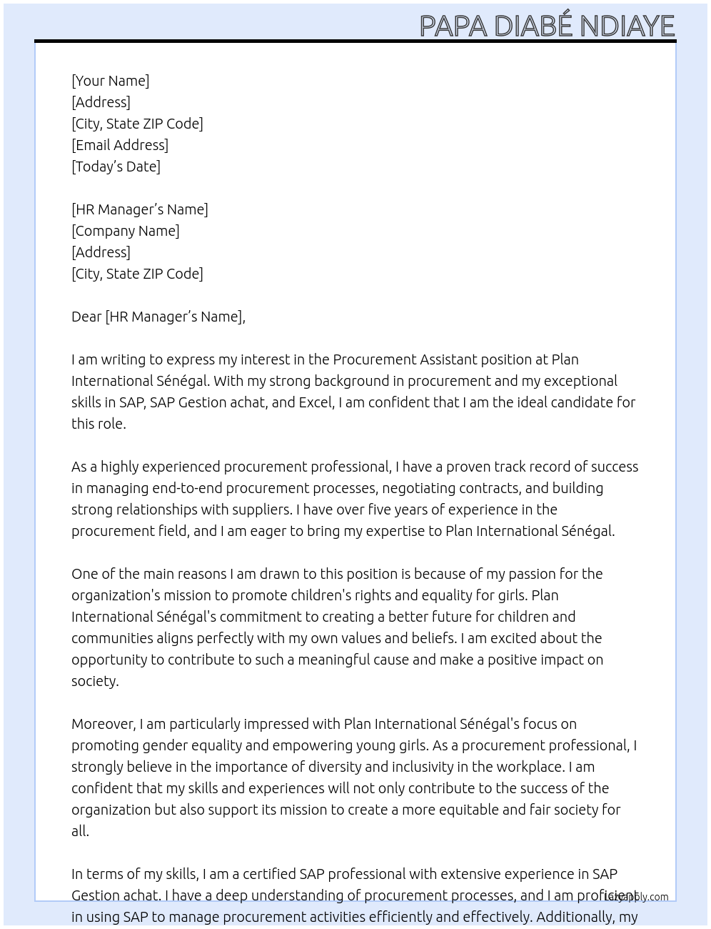 procurement assistant At Plan Internationnal Sénégal Cover Letter