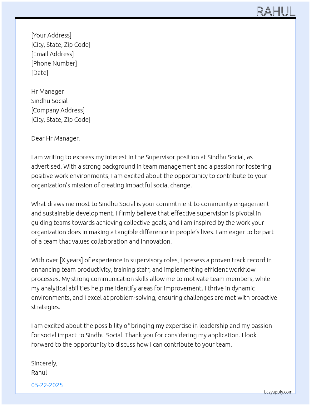 Supervisor At Sindhu Social Cover Letter