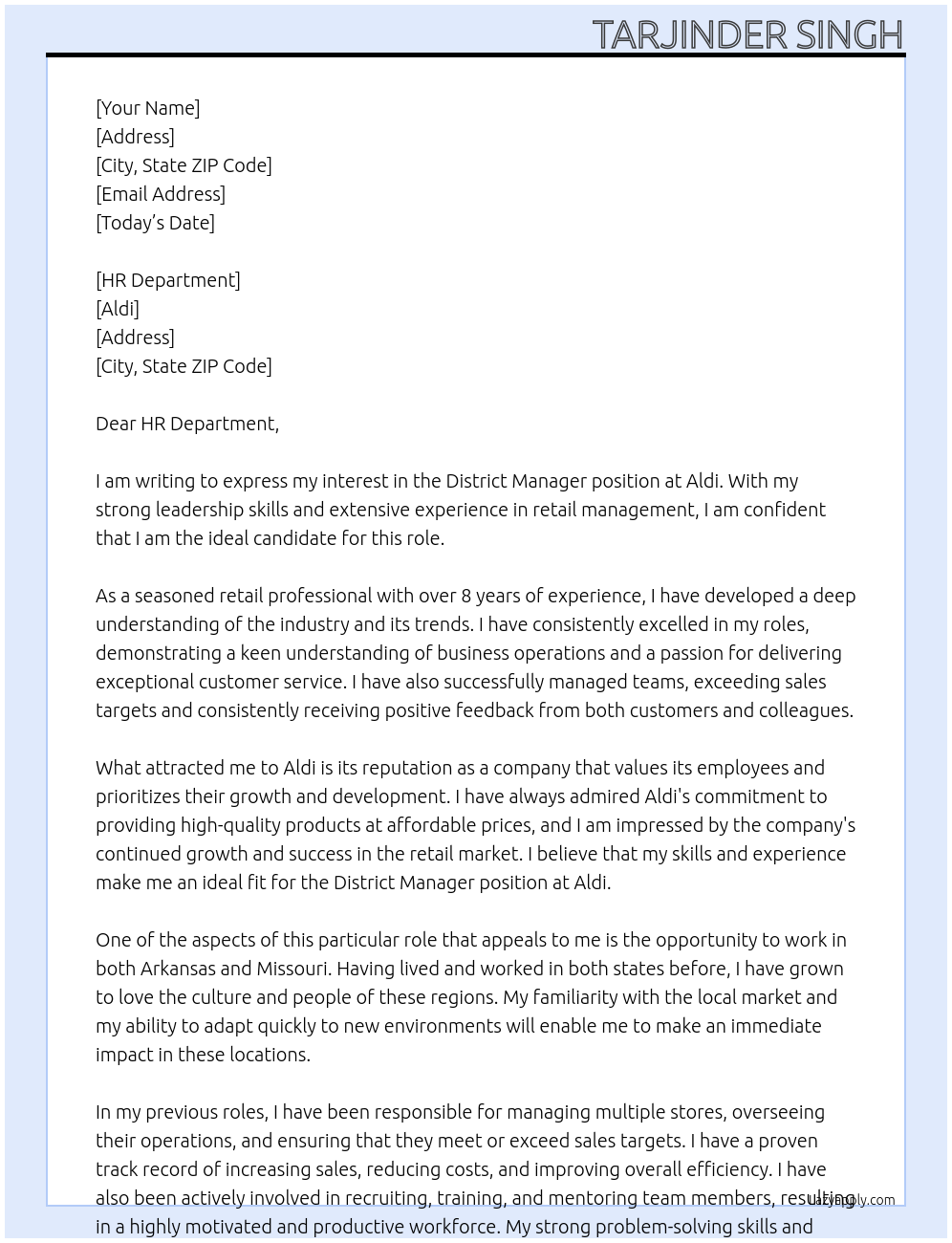 District Manager At Aldi Cover Letter