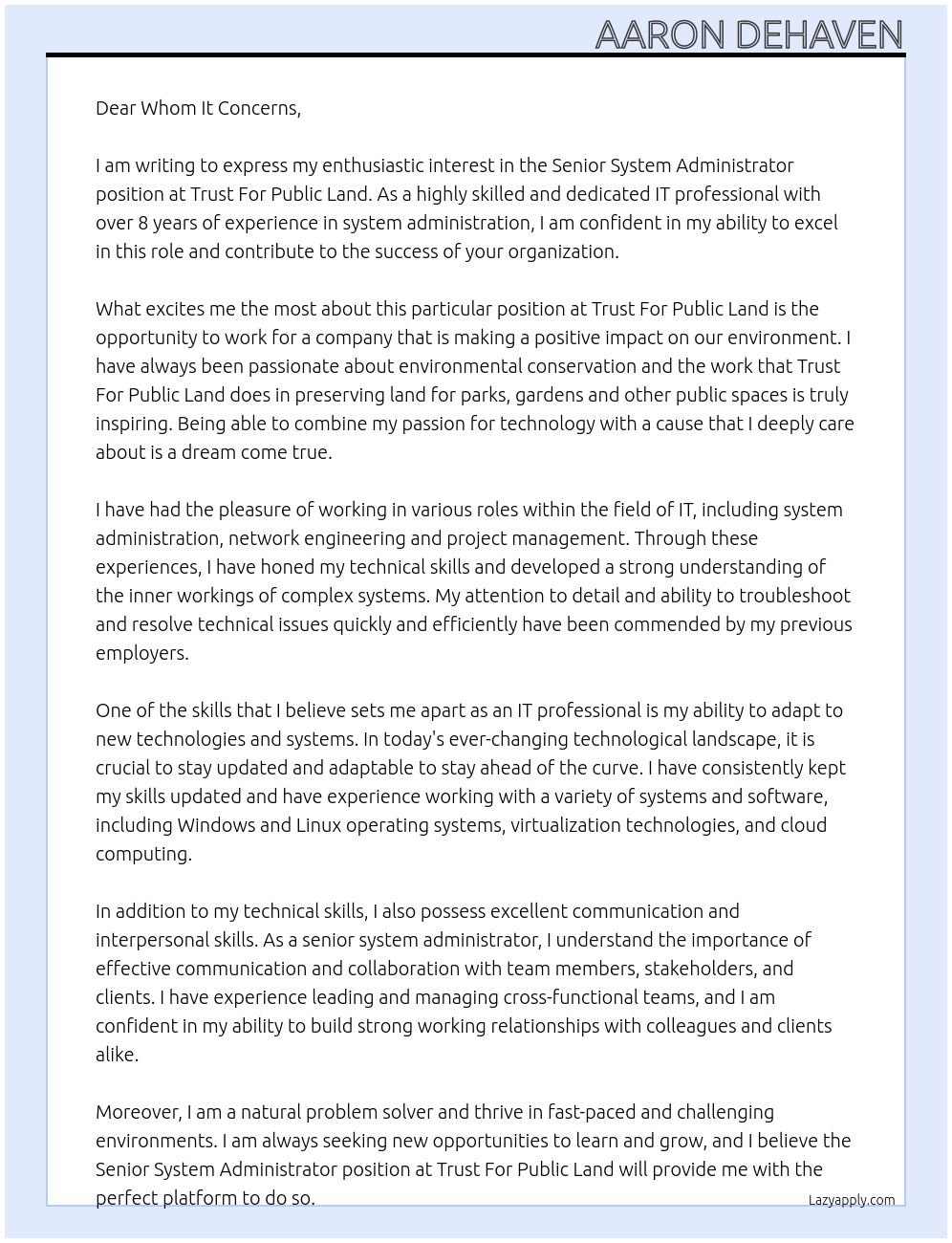 Senior System Administrator At Trust For Public Land Cover Letter