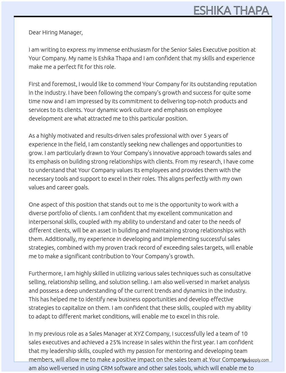 Senior Sales Executive At Your Company Cover Letter