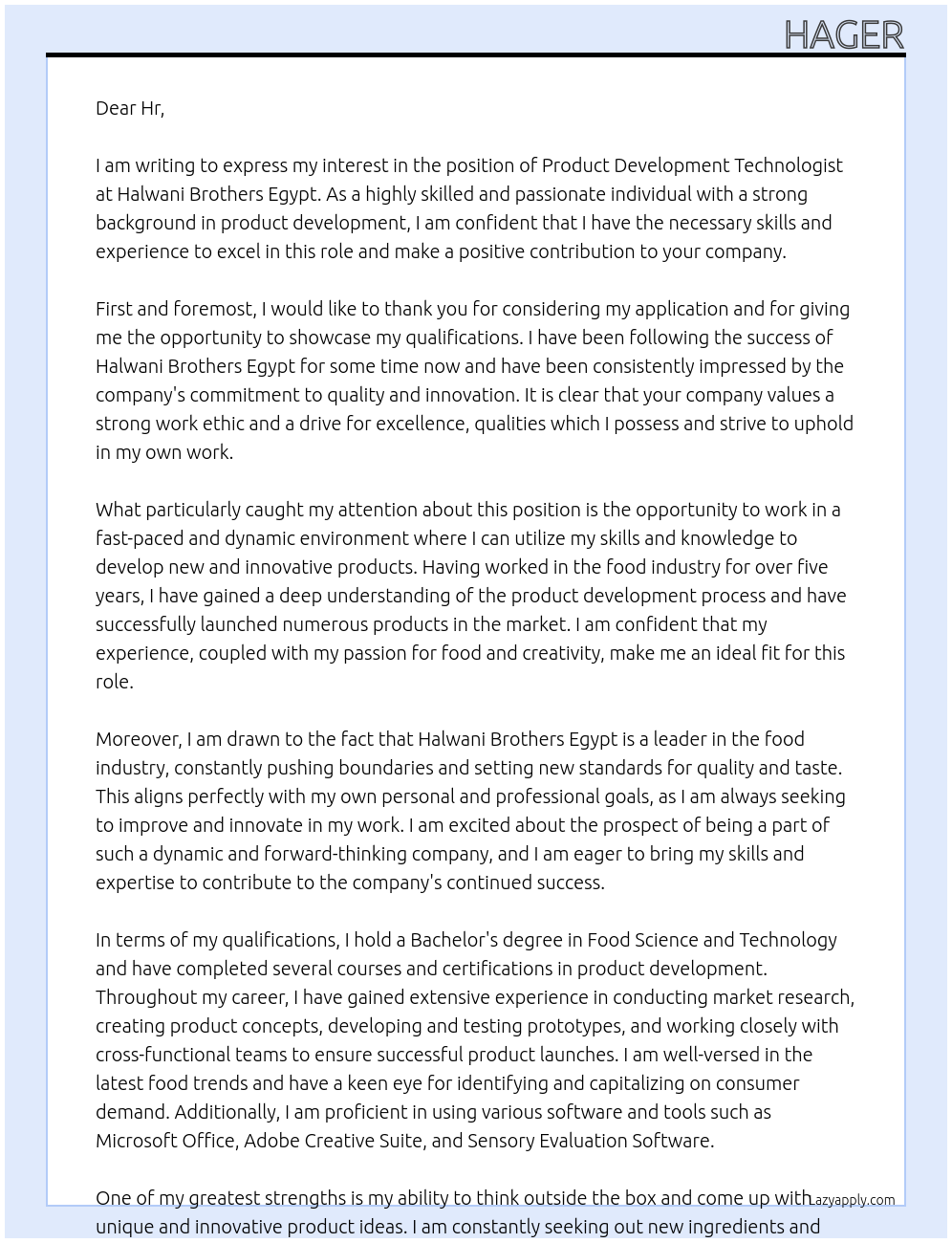 Product development technologist  At Halwani brothers Egypt  Cover Letter