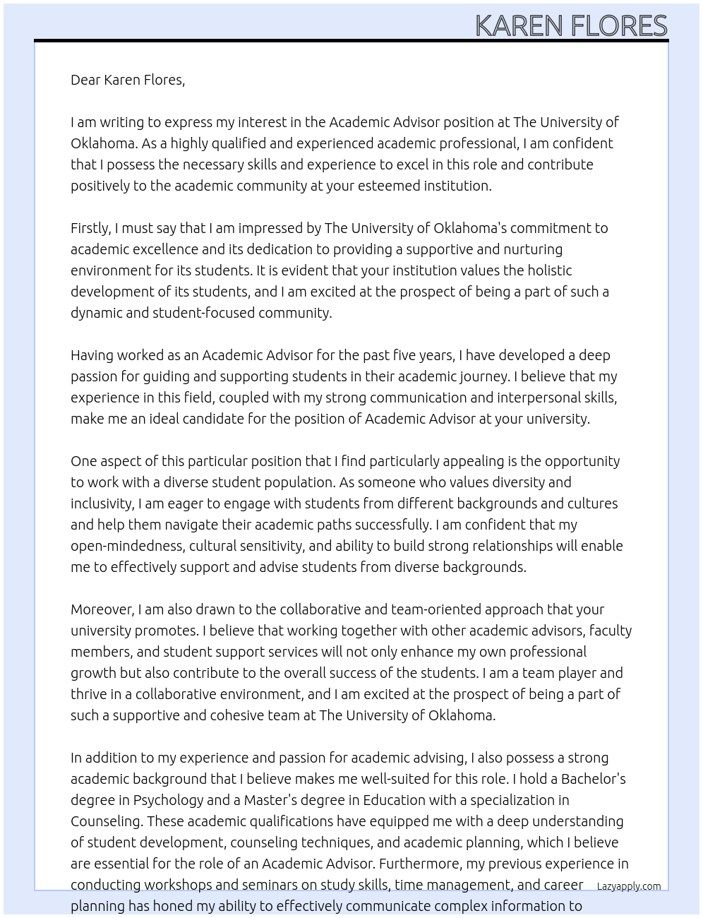 Academic Advisor At The Univeristy of Oklahoma Cover Letter