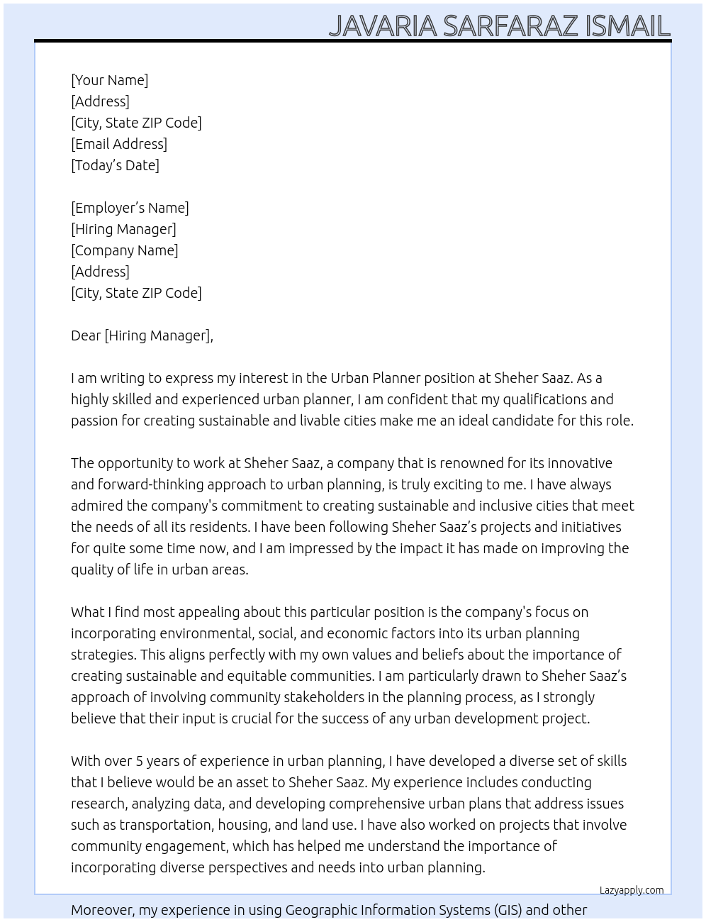 Urban Planner At Sheher Saaz Cover Letter