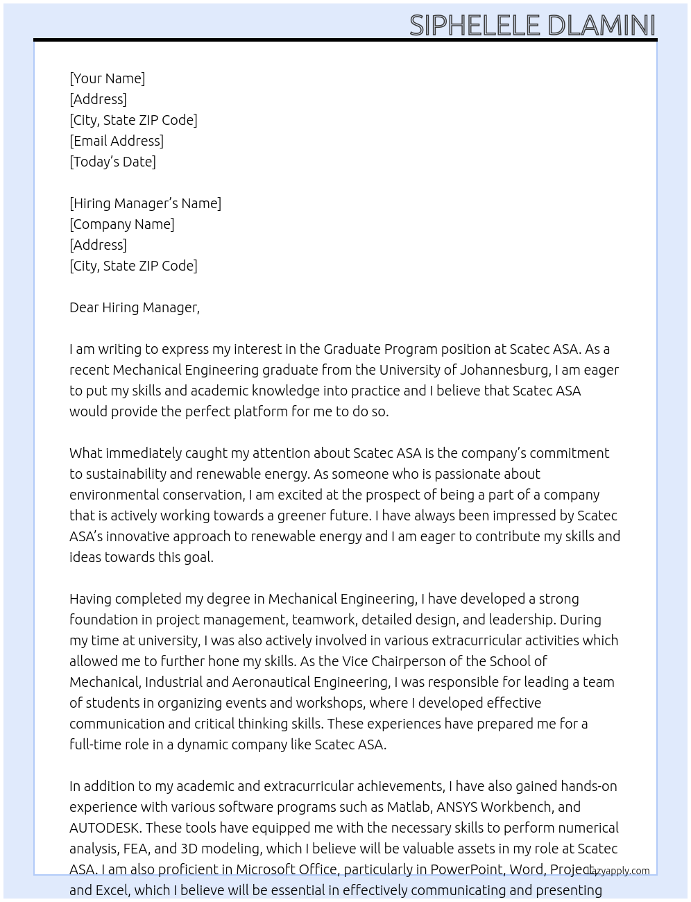 Graduate program At Scatec ASA Cover Letter