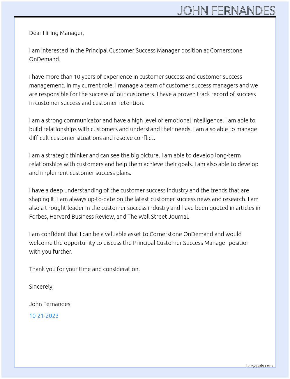 Principal Customer Success Manager At Cornerstone OnDemand Cover Letter