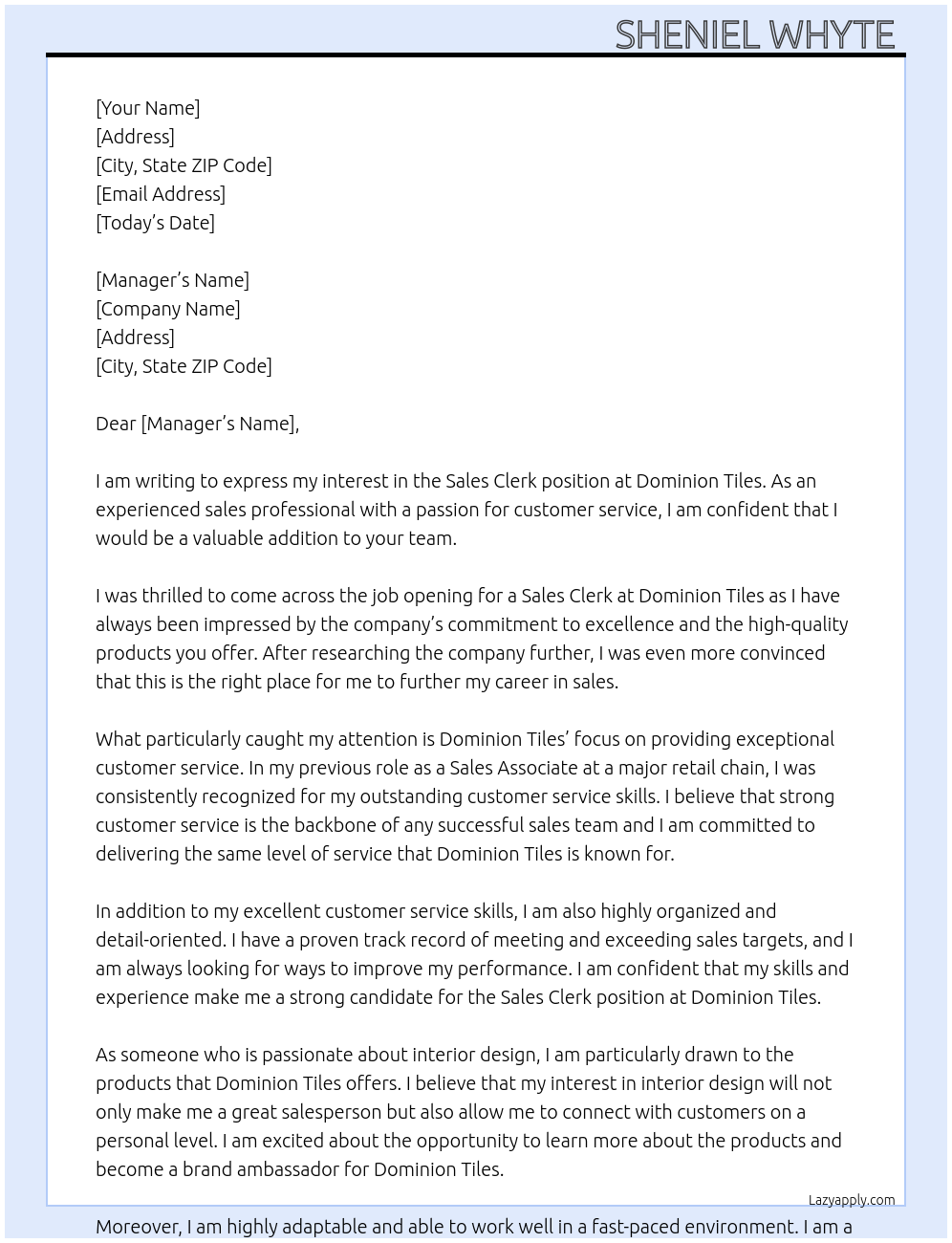 Sales clerk At Dominion Tiles Cover Letter