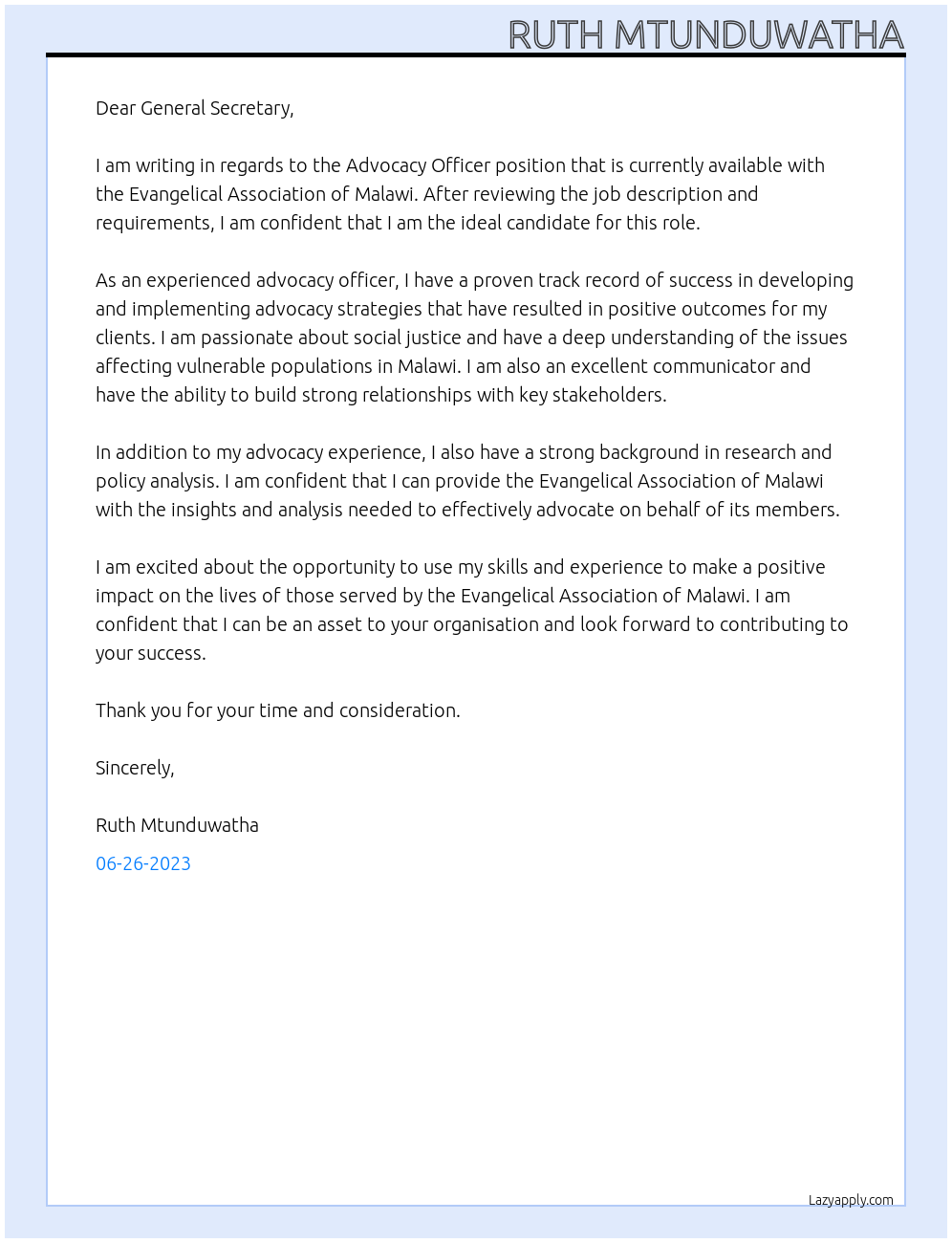 Advocacy Officer At Evangelical Association of Malawi Cover Letter