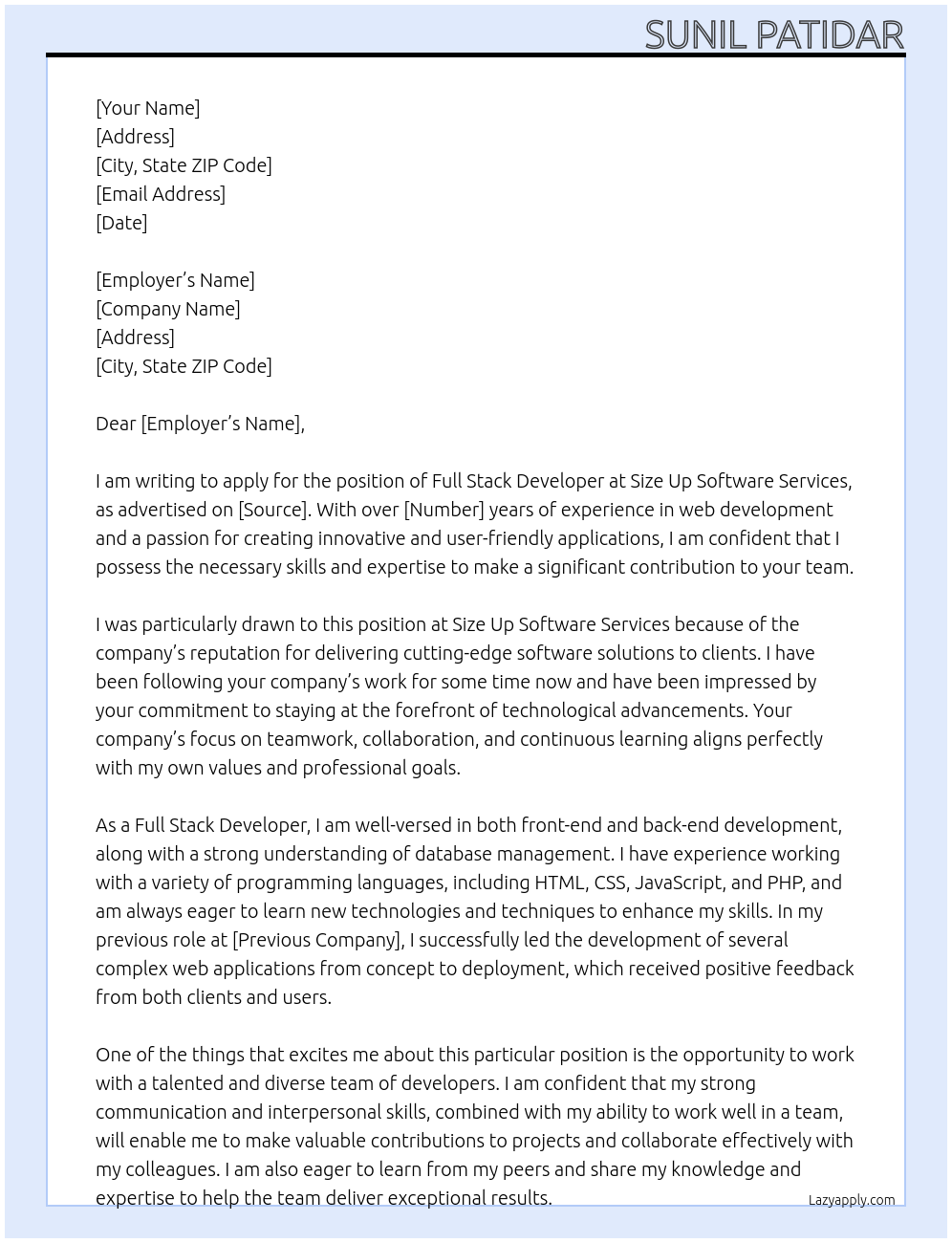 Full Stack Developer At Size up software services Cover Letter