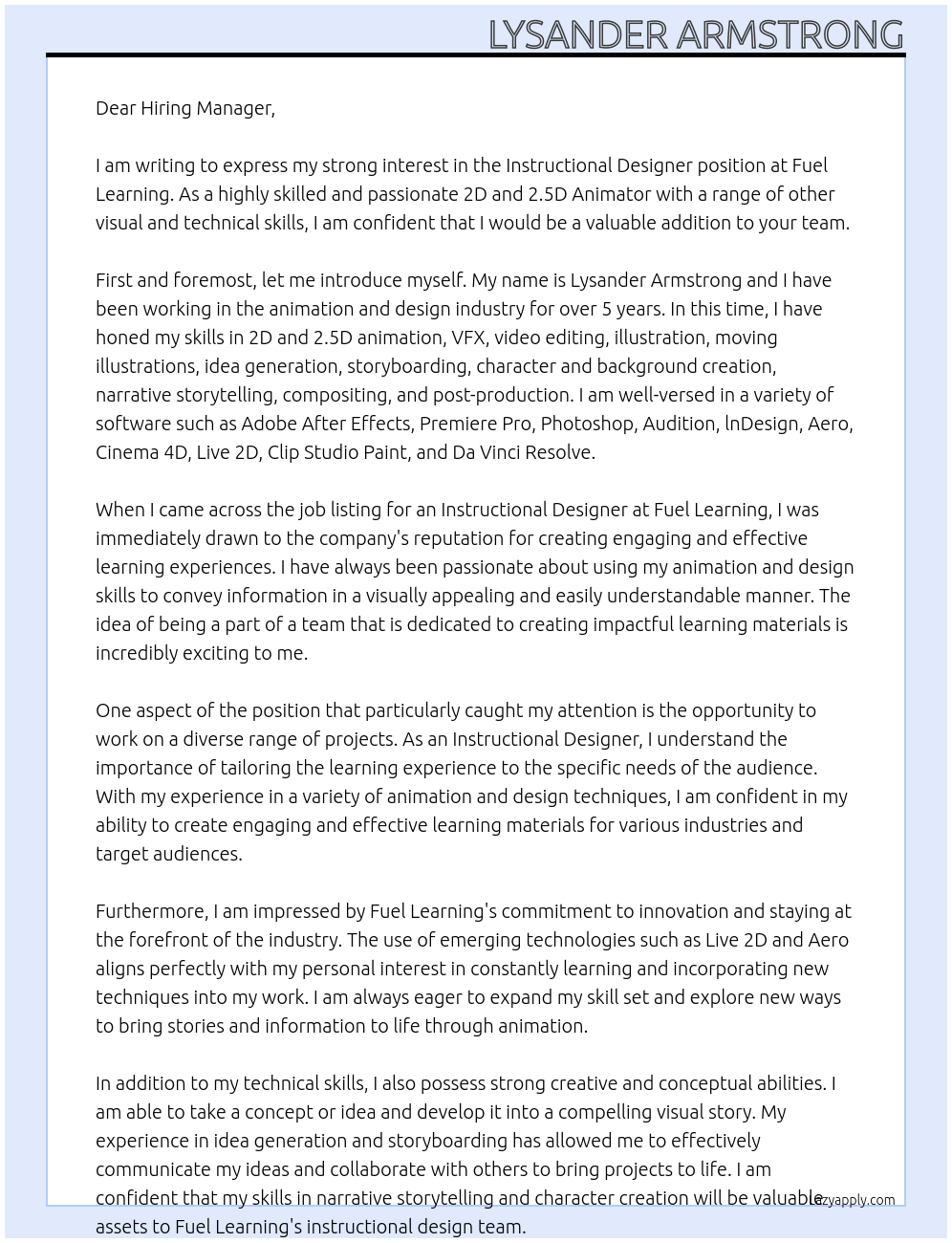 Instructional Designer At Fuel Learning Cover Letter