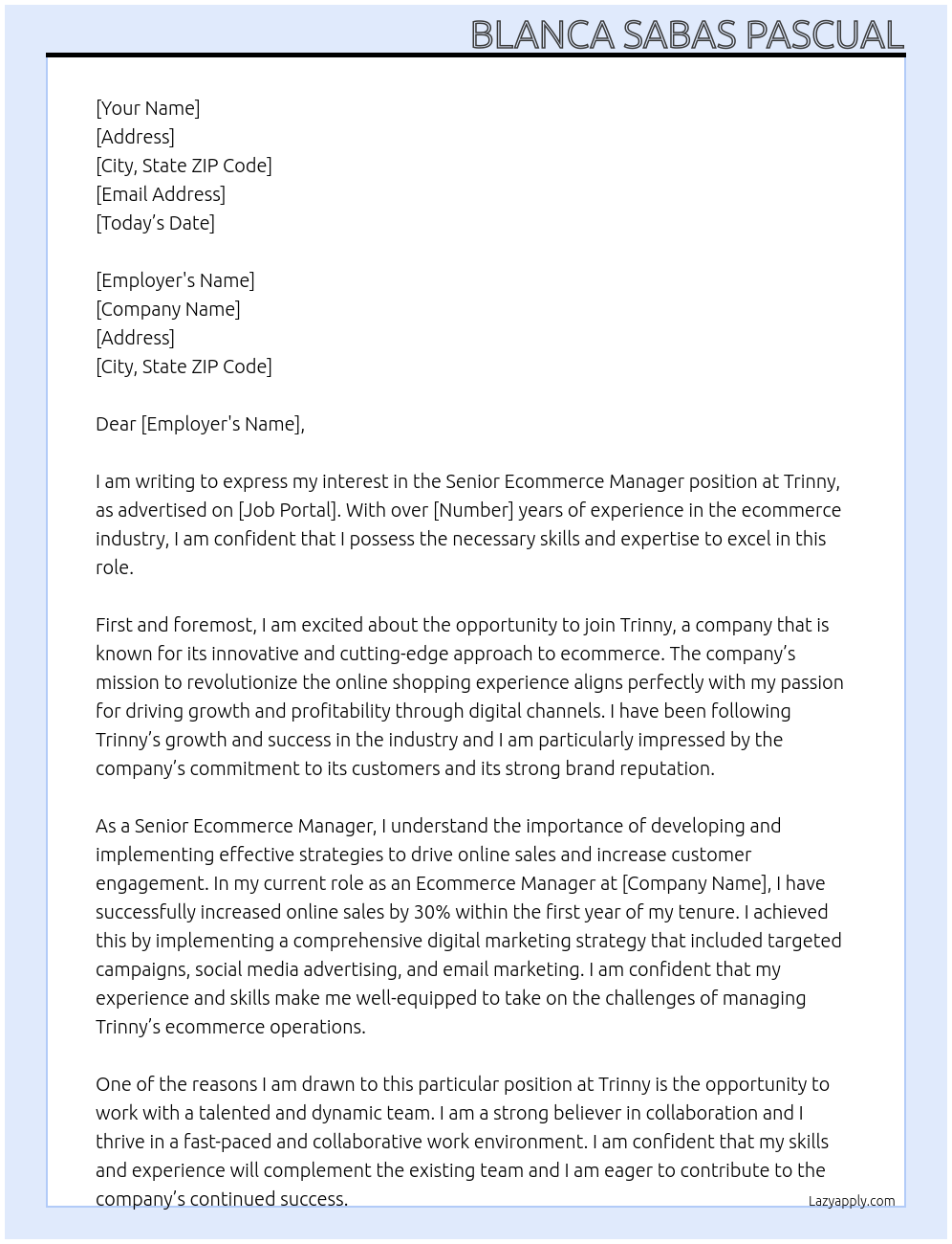 Senior Ecommerce Manager At Trinny Cover Letter