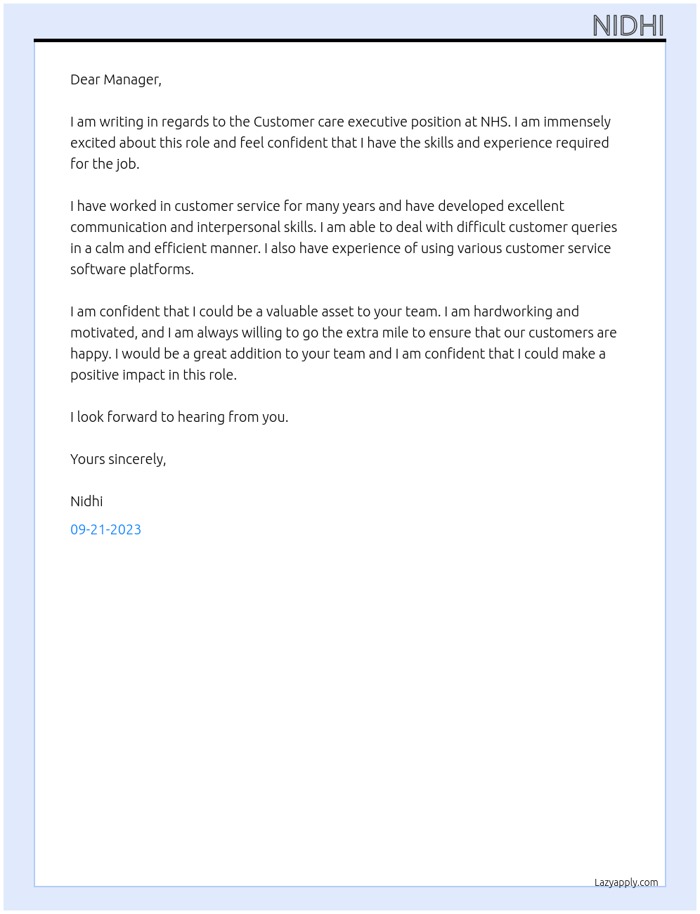 Customer care executive At NHS Cover Letter