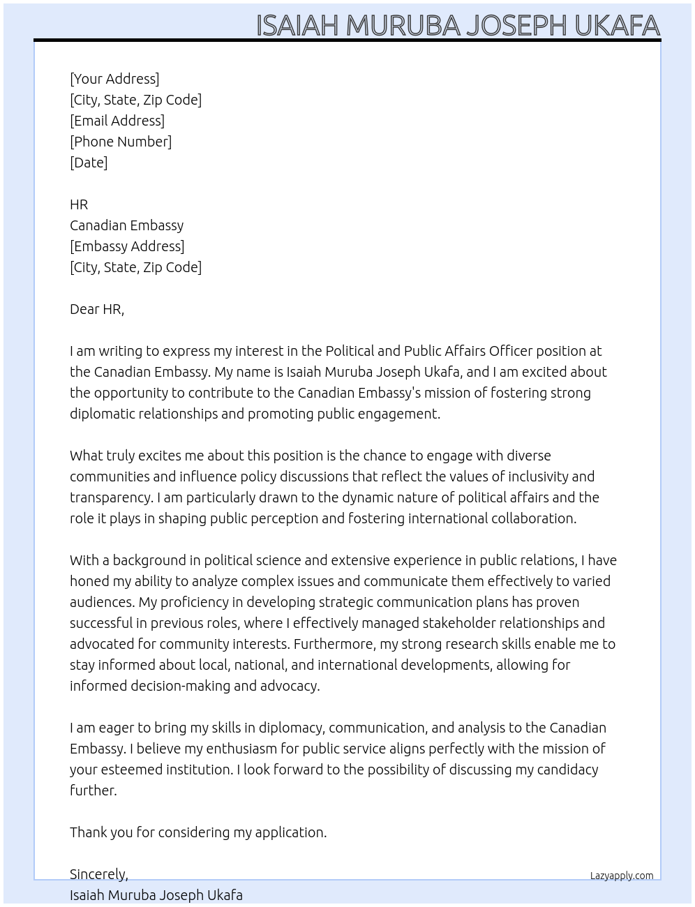 POLITICAL AND PUBLIC AFFAIRS OFFICER At CANADIAN EMBASSY Cover Letter