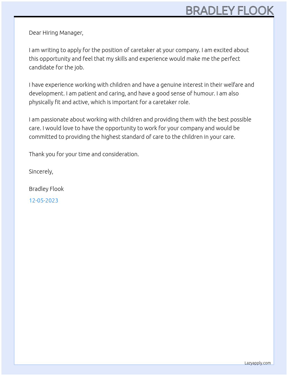 Care taker  At Care taker  Cover Letter