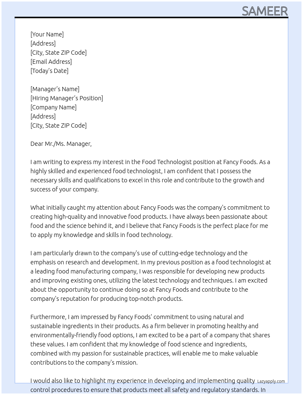 food technologist At Fancy foods Cover Letter