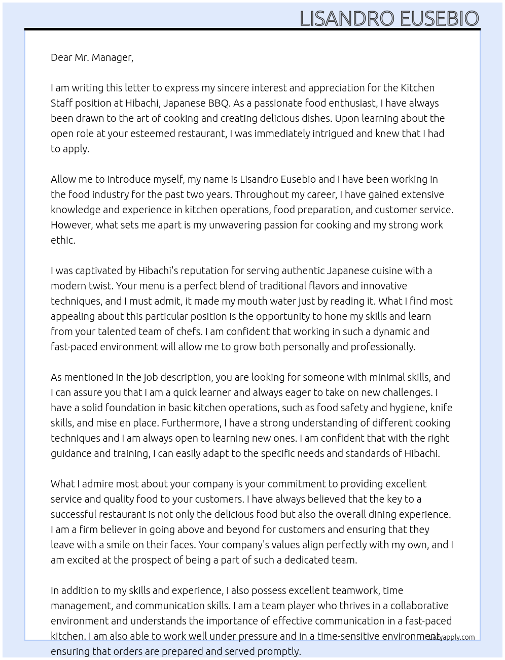 Kitchen Staff At Hibachi, Japanese BBQ Cover Letter
