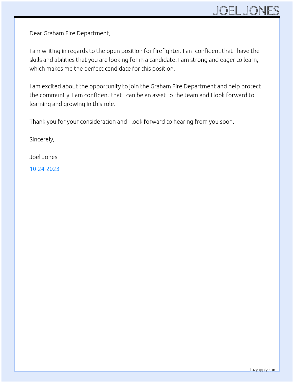 Firefighter At Graham Fire Department Cover Letter