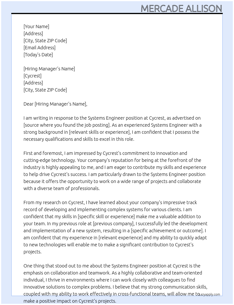 Systems Engineer At Cycrest Cover Letter