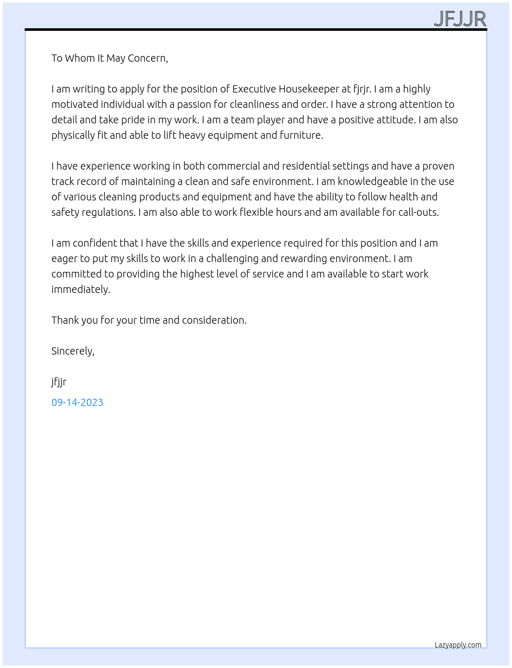 Executive Housekeeper At fjrjr Cover Letter
