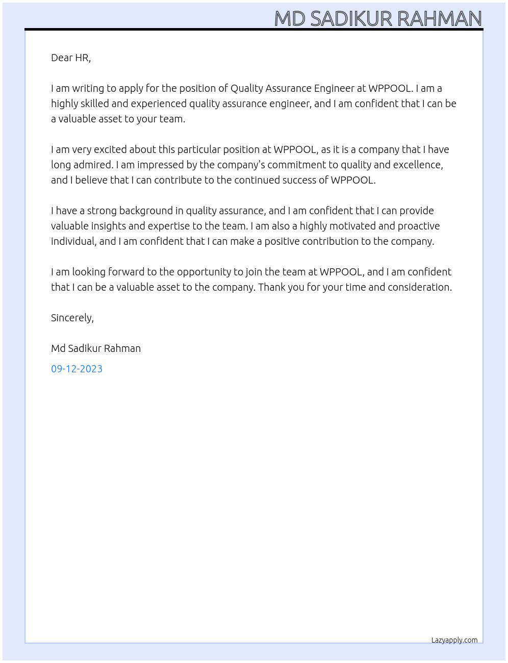 Quality Assurance Engineer At WPPOOL Cover Letter