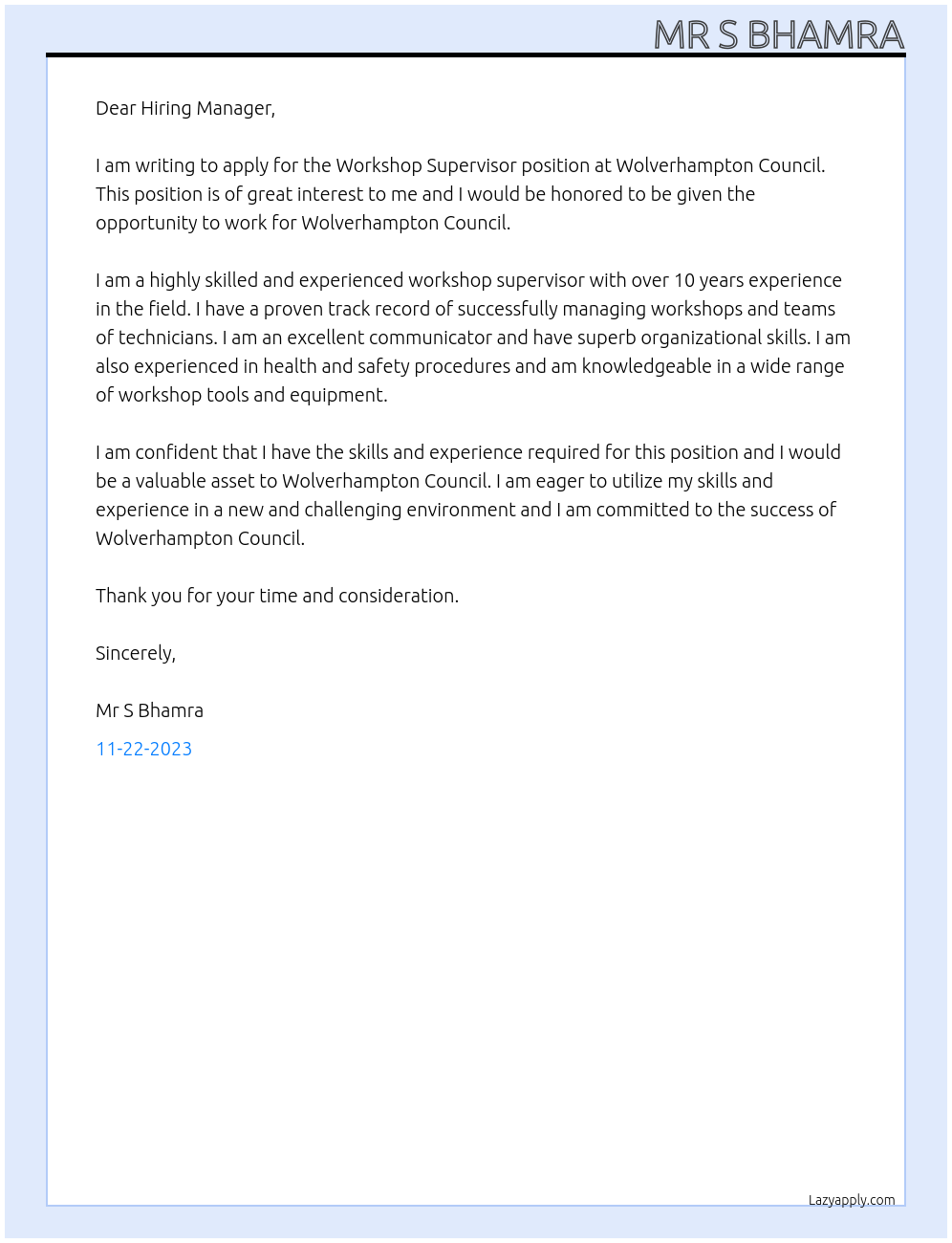 Workshop Supervisor At Wolverhampton Council Cover Letter