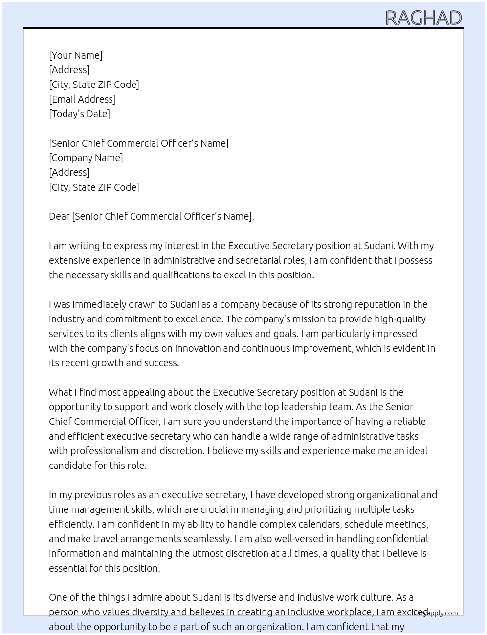 Executive Secretary  At Sudani Cover Letter