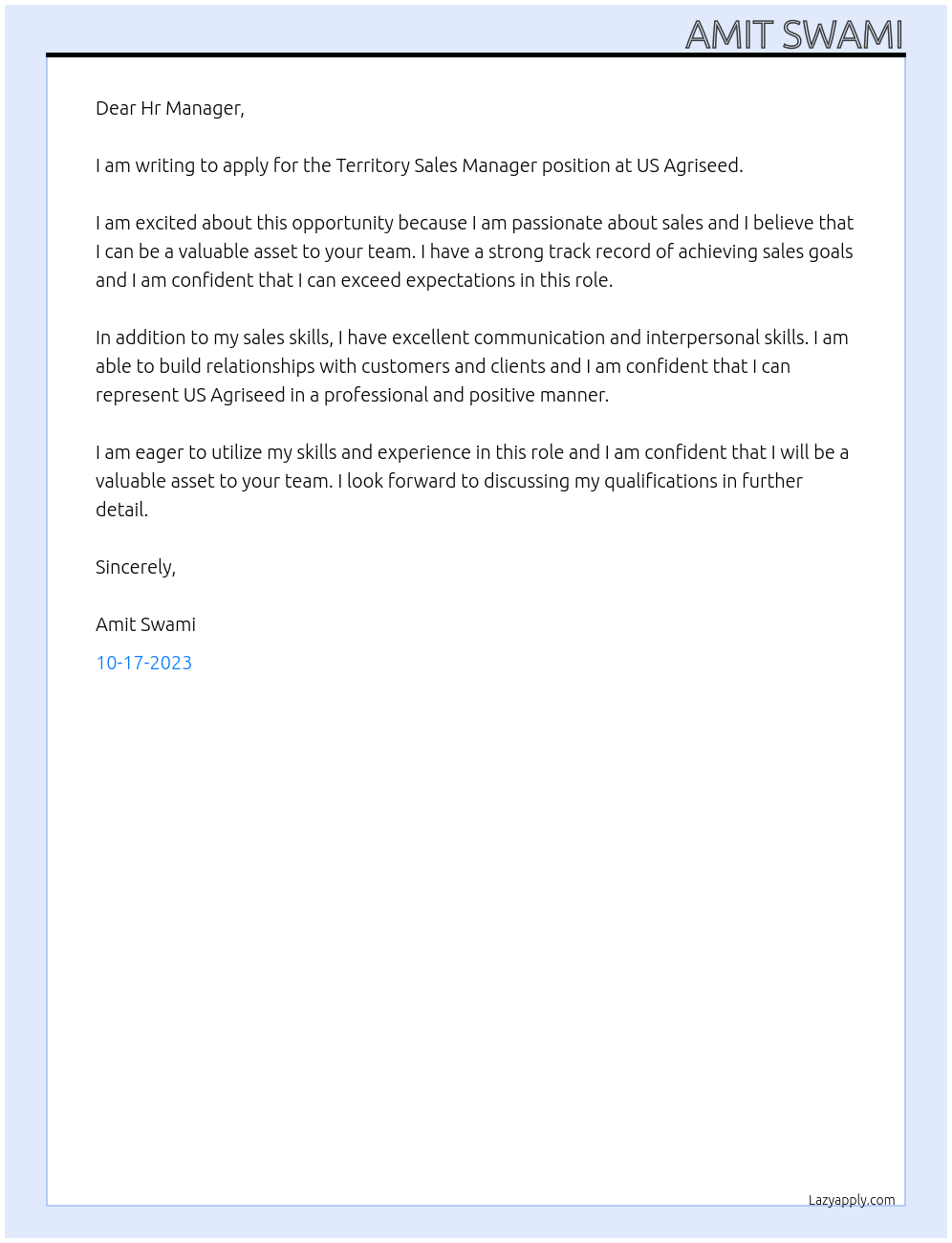 Territory Sales Manager At US Agriseed Cover Letter