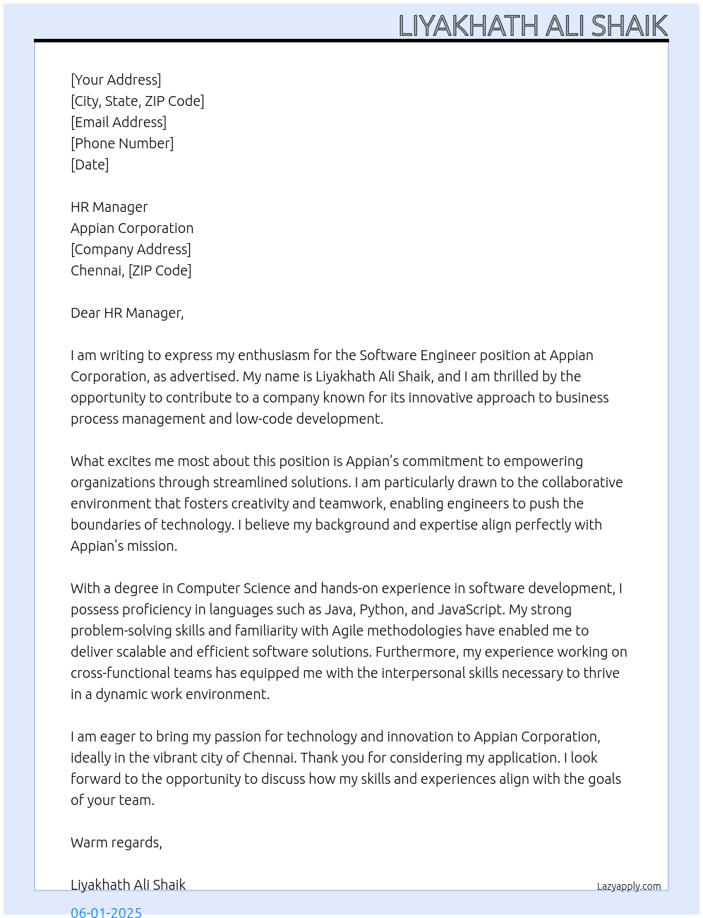 Software Engineer At Appian Corporation Cover Letter