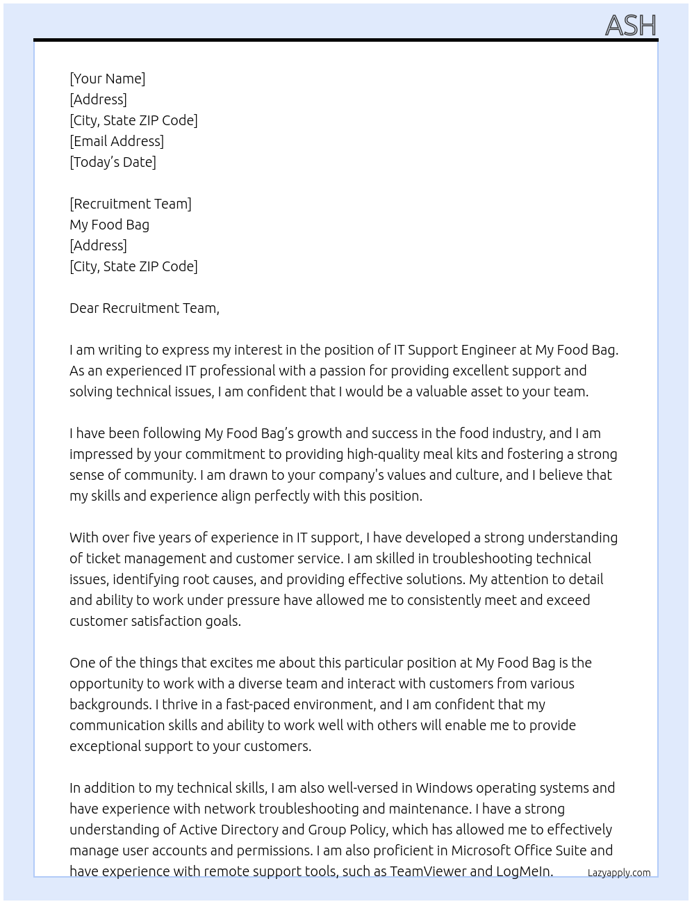 IT Support Engineer At My Food Bag Cover Letter