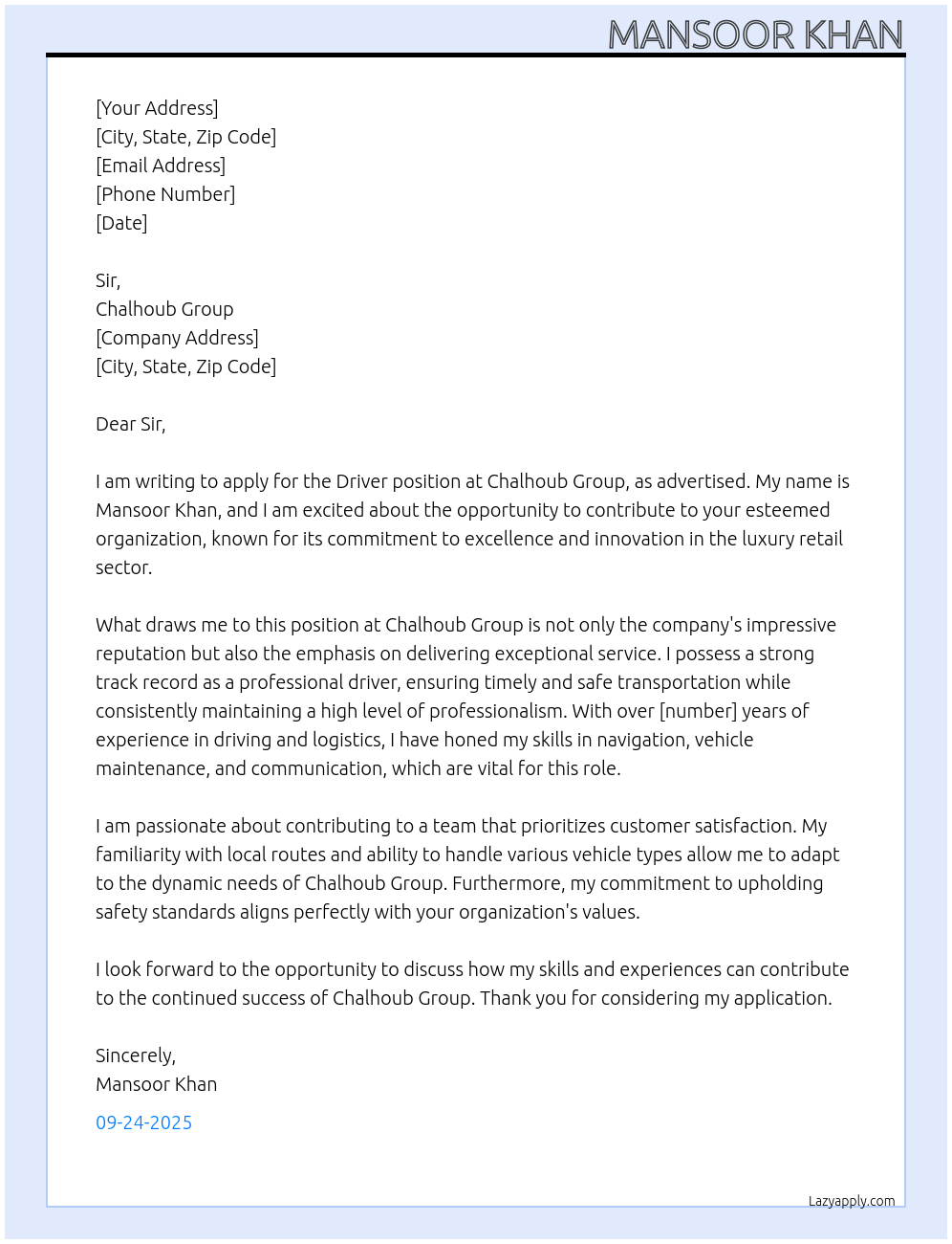 Driver  At Chalhoub group  Cover Letter