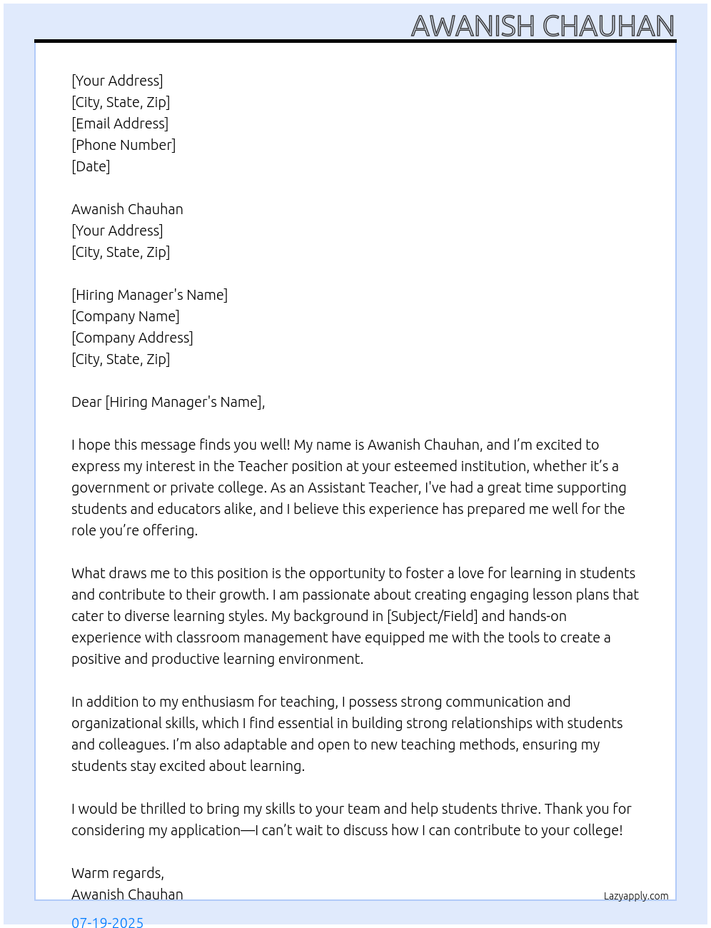 Teacher At Government or private colleges Cover Letter