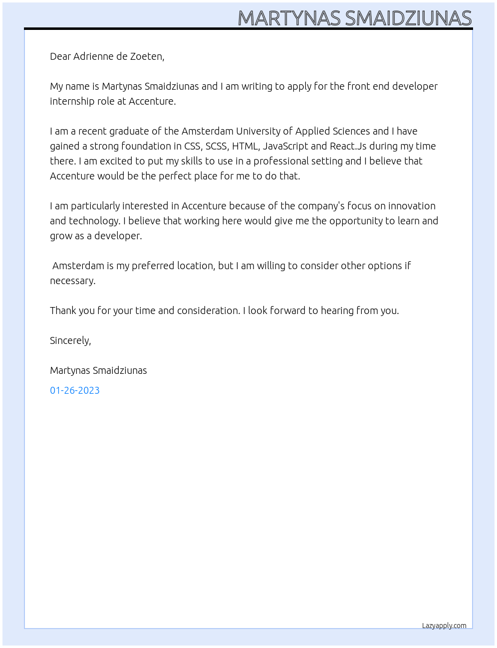 Cover letter for front end developer - LazyApply