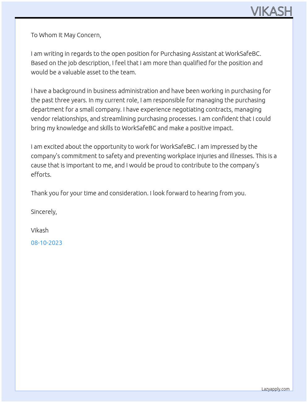 Purchasing Assistant At WorkSafeBC Cover Letter