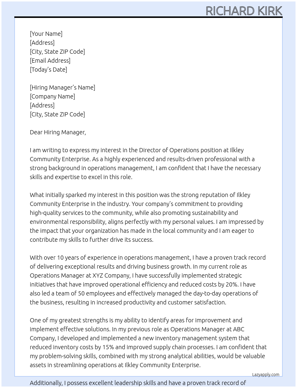 Director of Operations At Ilkley Community Enterprise Cover Letter