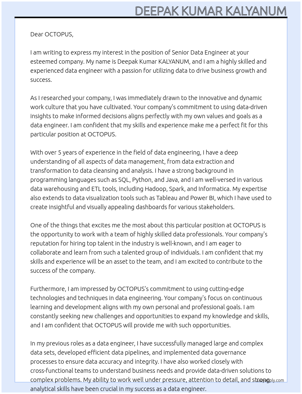 Senior Data Engineer At OCTOPUS Cover Letter