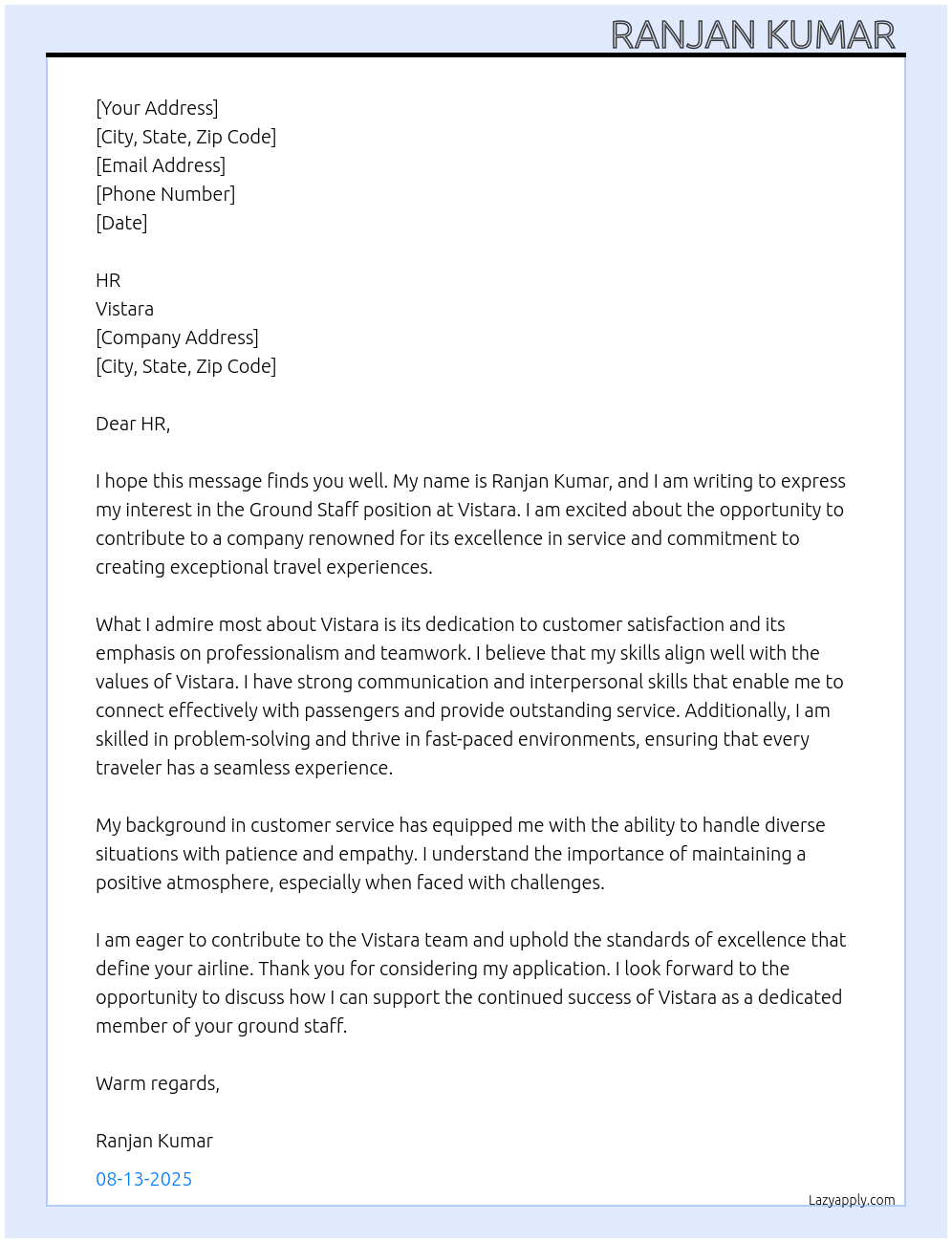 Ground staff At Vistara Cover Letter