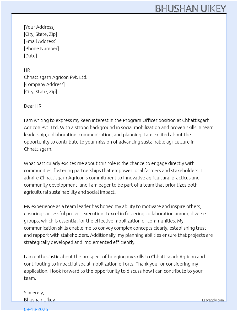 Program officer At Chattisgarh Agricon Pvt. Ltd. Cover Letter