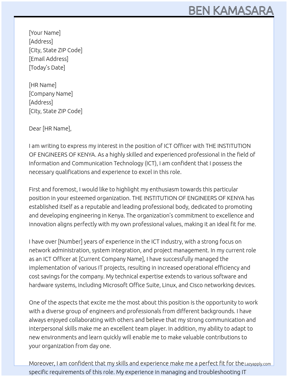 ICT Officer At THE INSTITUTION OF ENGINEERS OF KENYA Cover Letter