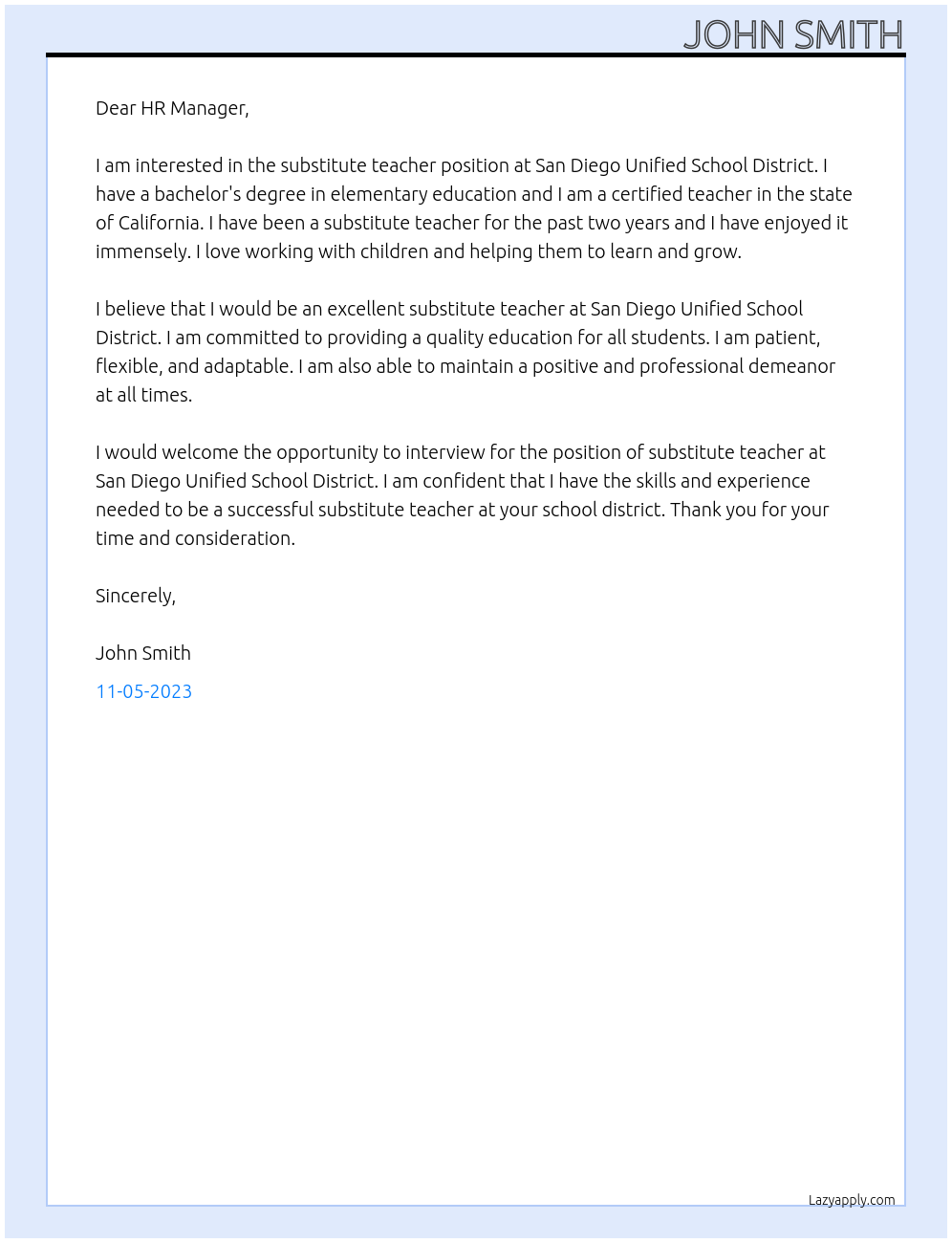 Substitute Teacher At San Diego Unified School District Cover Letter