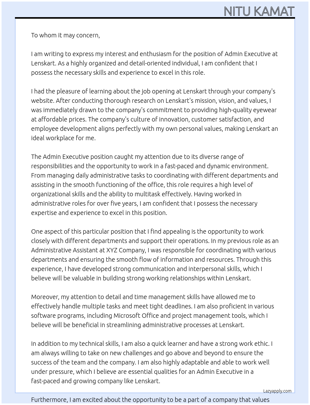 Admin Executive At Lenskart Cover Letter