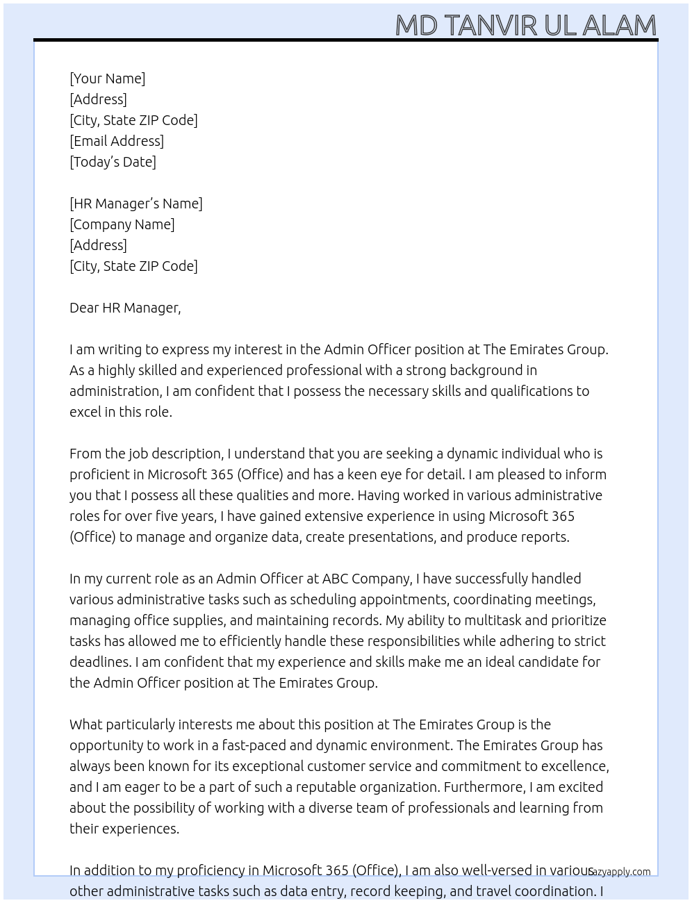 admin officer At The Emirates Group Cover Letter