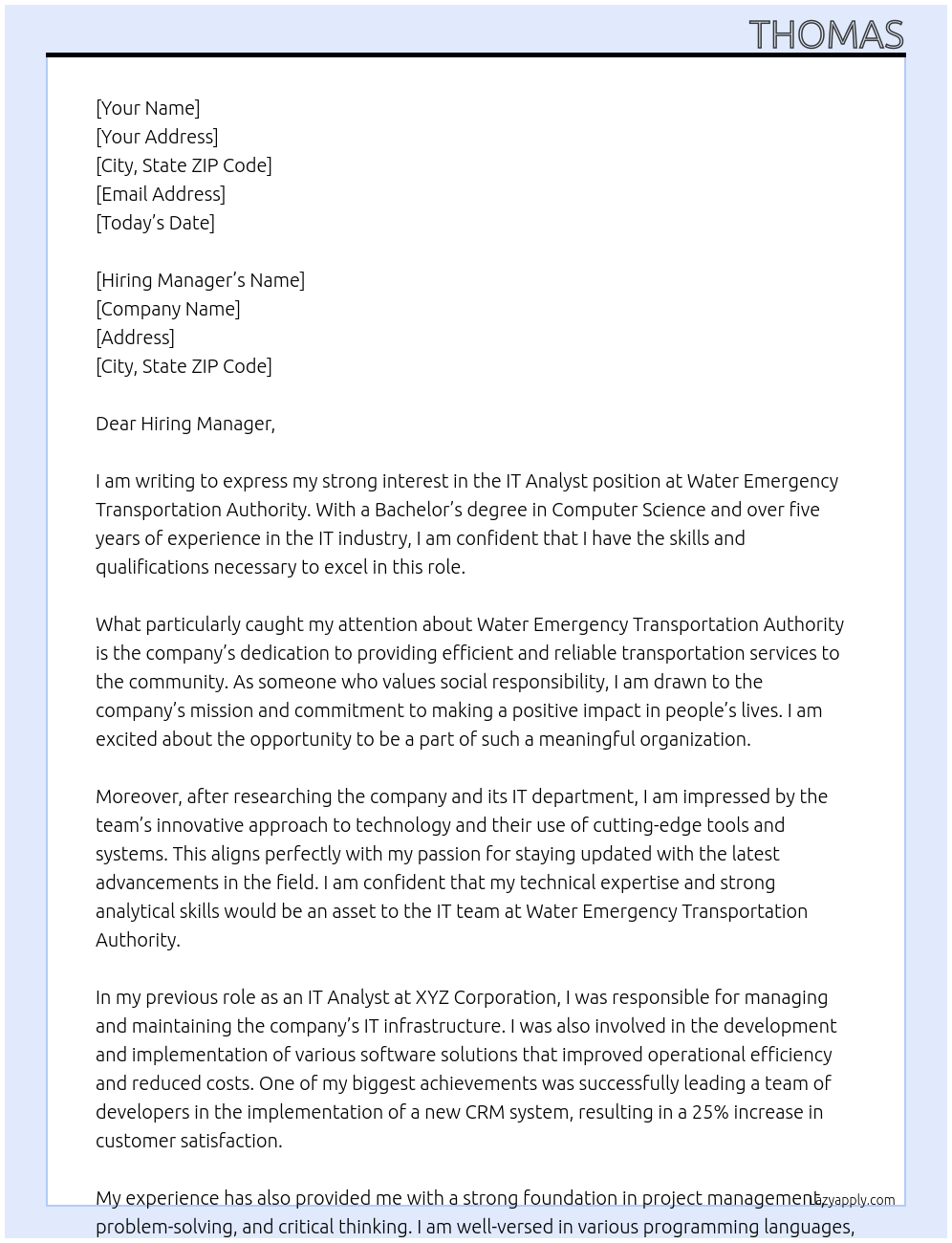 IT Analyst At Water Emergency Transportation Authority Cover Letter