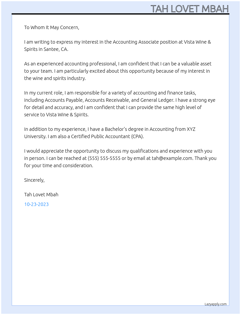 Accounting Associate At Vista Wine & Spirits - Santee, CA 92071 Cover Letter