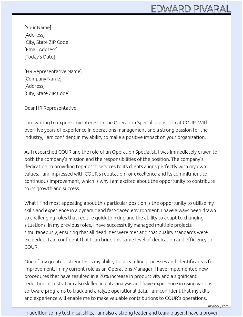 Operation Specialist At COUR Cover Letter