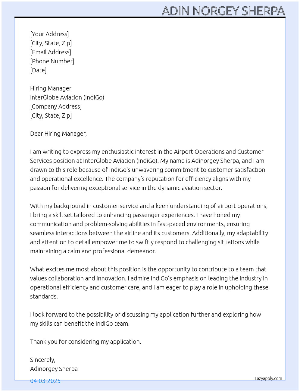 Cover letter for airport operations and customer services - LazyApply