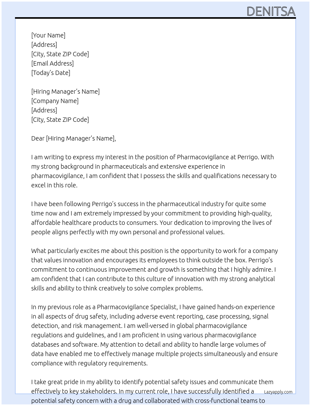 pharmacovigilance At perrigo Cover Letter
