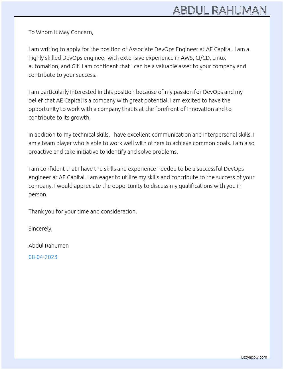 Associate DevOps engineer  At AE Capital  Cover Letter