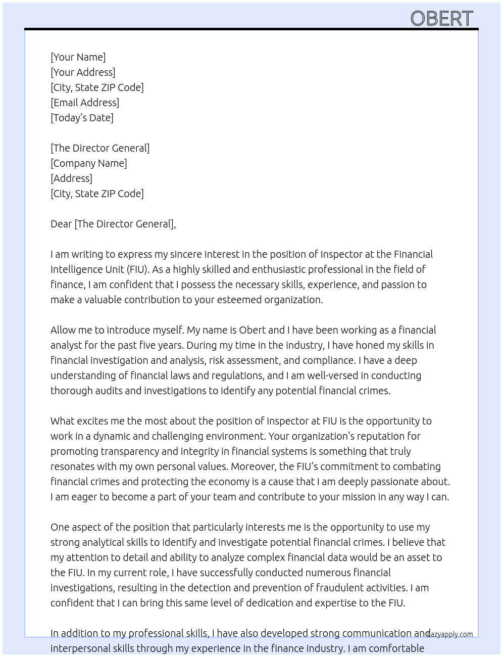 inspector - financial  intelligence unit At FIU Cover Letter